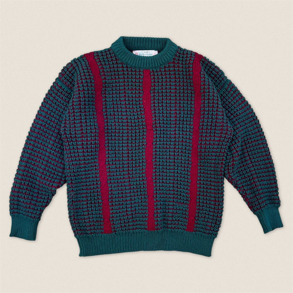 Vintage Irish Wool Sweater Green Burgundy Quills Woolen Market Size Large Men’s